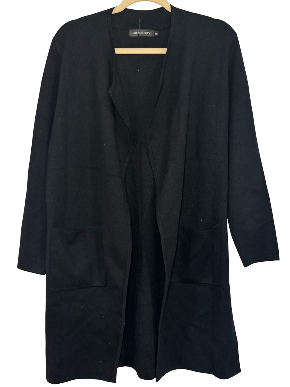 Black Open-Front Long Cardigan with Patch Pockets Slits Cover up, sweater - Picture 12 of 12
